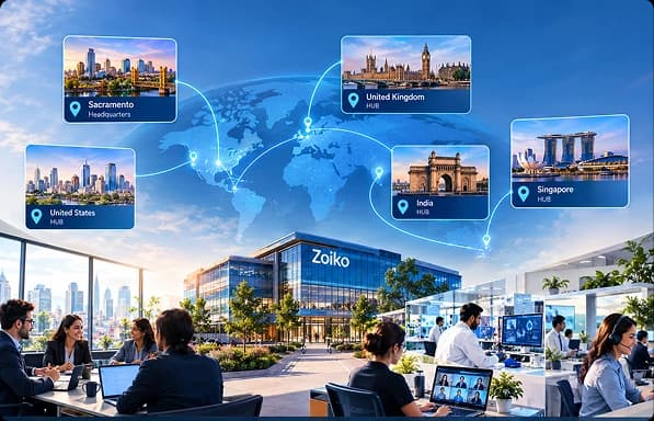 Zoiko team members collaborating, with a world map showing office locations