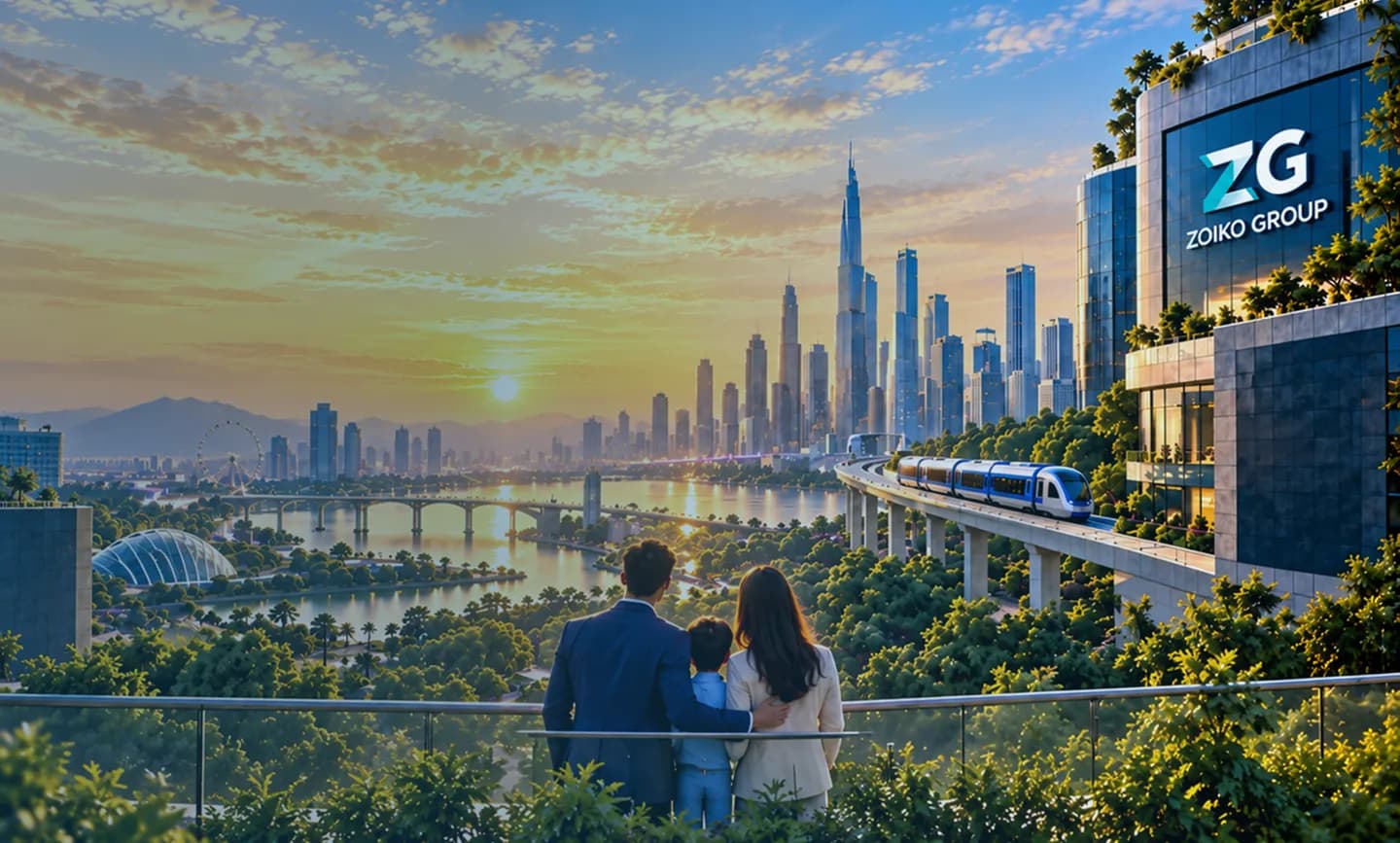 Family looking out over a city skyline, overlaid with icons representing Zoiko's businesses