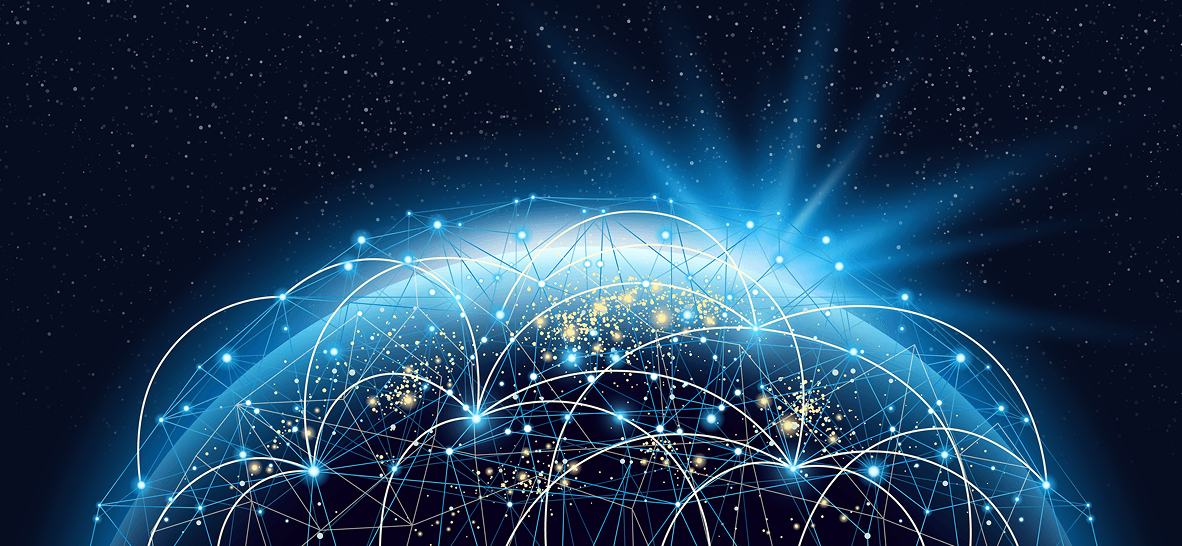 A globe criss-crossed with glowing network connections