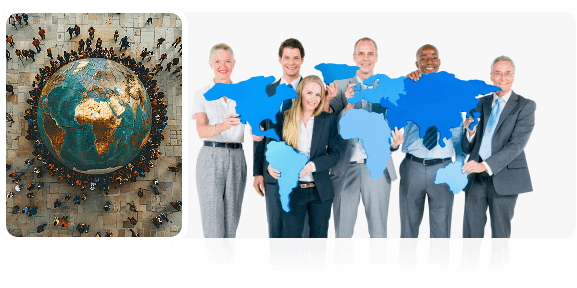 A globe resting on a mossy surface beside Zoiko Group colleagues holding a world map